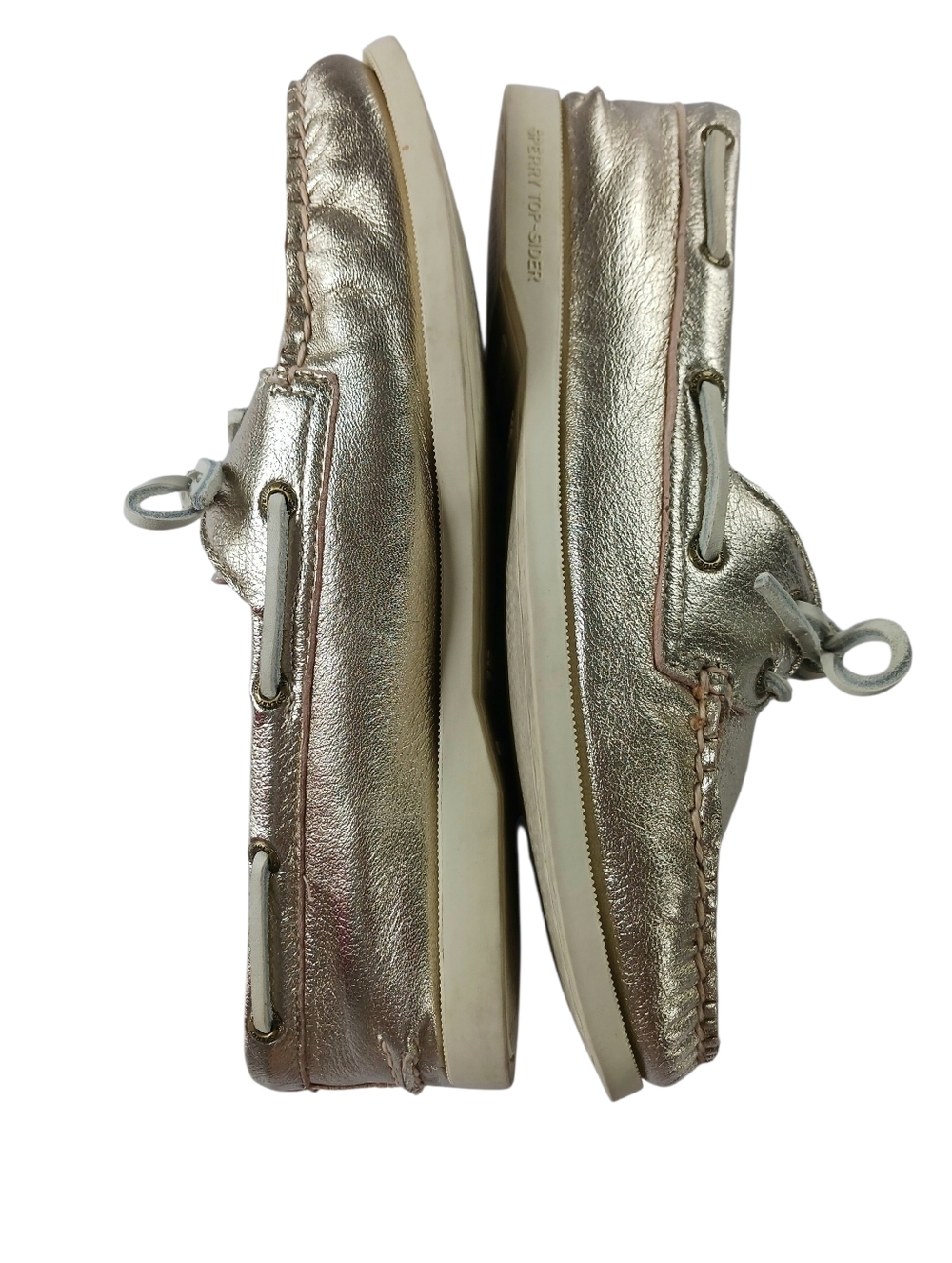 Sperry 2 Eye Boat Shoe Top Sider Metalic Gold Leather Flat Loafer Preppy Size 10 - Picture 4 of 11